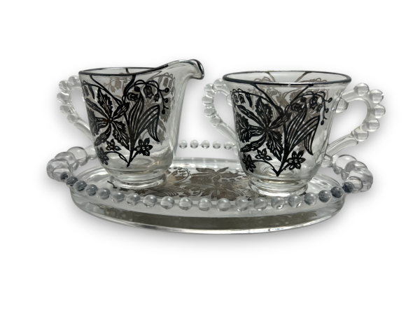 Vintage Imperial Glass Candlewick Oval Tray with Cream Craft and Sugar Bowl Floral Sterling Silver Overlay