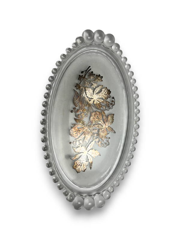 Vintage Imperial Glass Candlewick Oval Tray with Cream Craft and Sugar Bowl Floral Sterling Silver Overlay