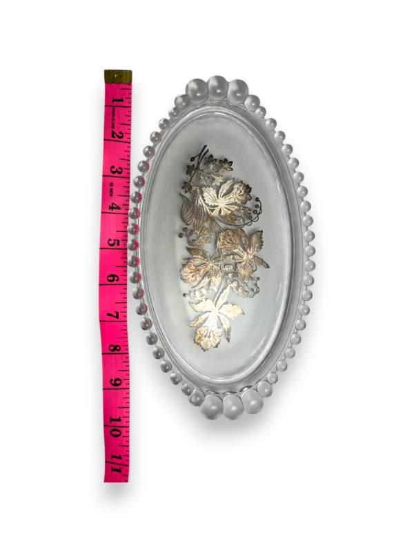 Vintage Imperial Glass Candlewick Oval Tray with Cream Craft and Sugar Bowl Floral Sterling Silver Overlay