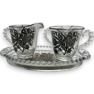 Vintage Imperial Glass Candlewick Oval Tray with Cream Craft and Sugar Bowl Floral Sterling Silver Overlay