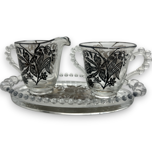 Vintage Imperial Glass Candlewick Oval Tray with Cream Craft and Sugar Bowl Floral Sterling Silver Overlay