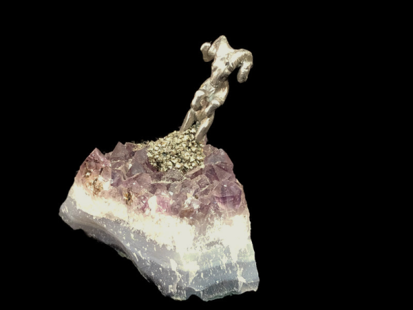 Pewter Ram on Amethyst Crystals