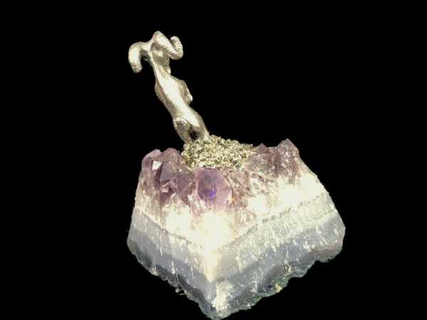 Pewter Ram on Amethyst Crystals