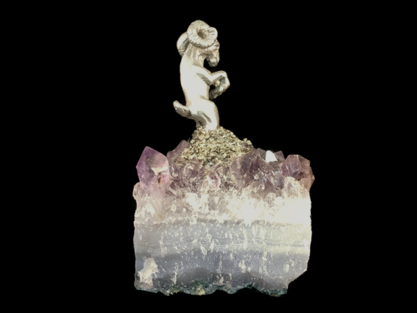 Pewter Ram on Amethyst Crystals