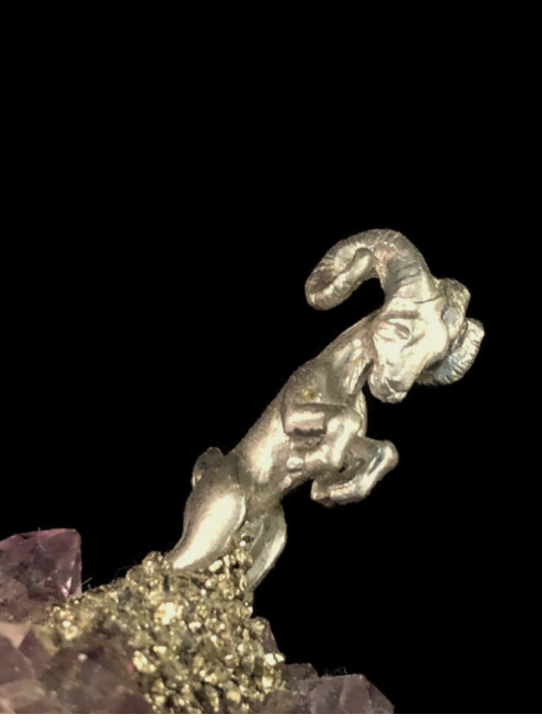 Pewter Ram on Amethyst Crystals
