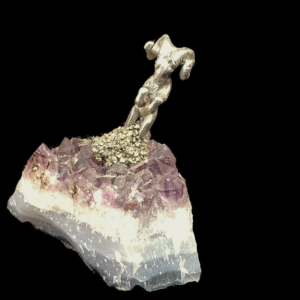 Pewter Ram on Amethyst Crystals